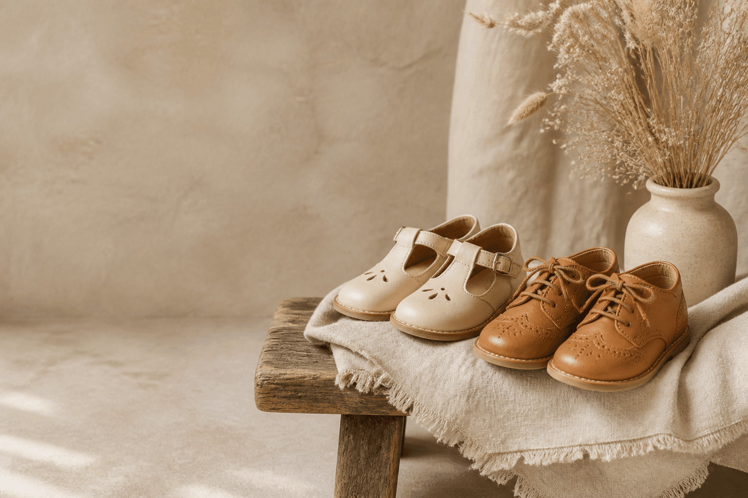 Cream T-strap and caramel Oxford children's shoes on a linen-covered bench